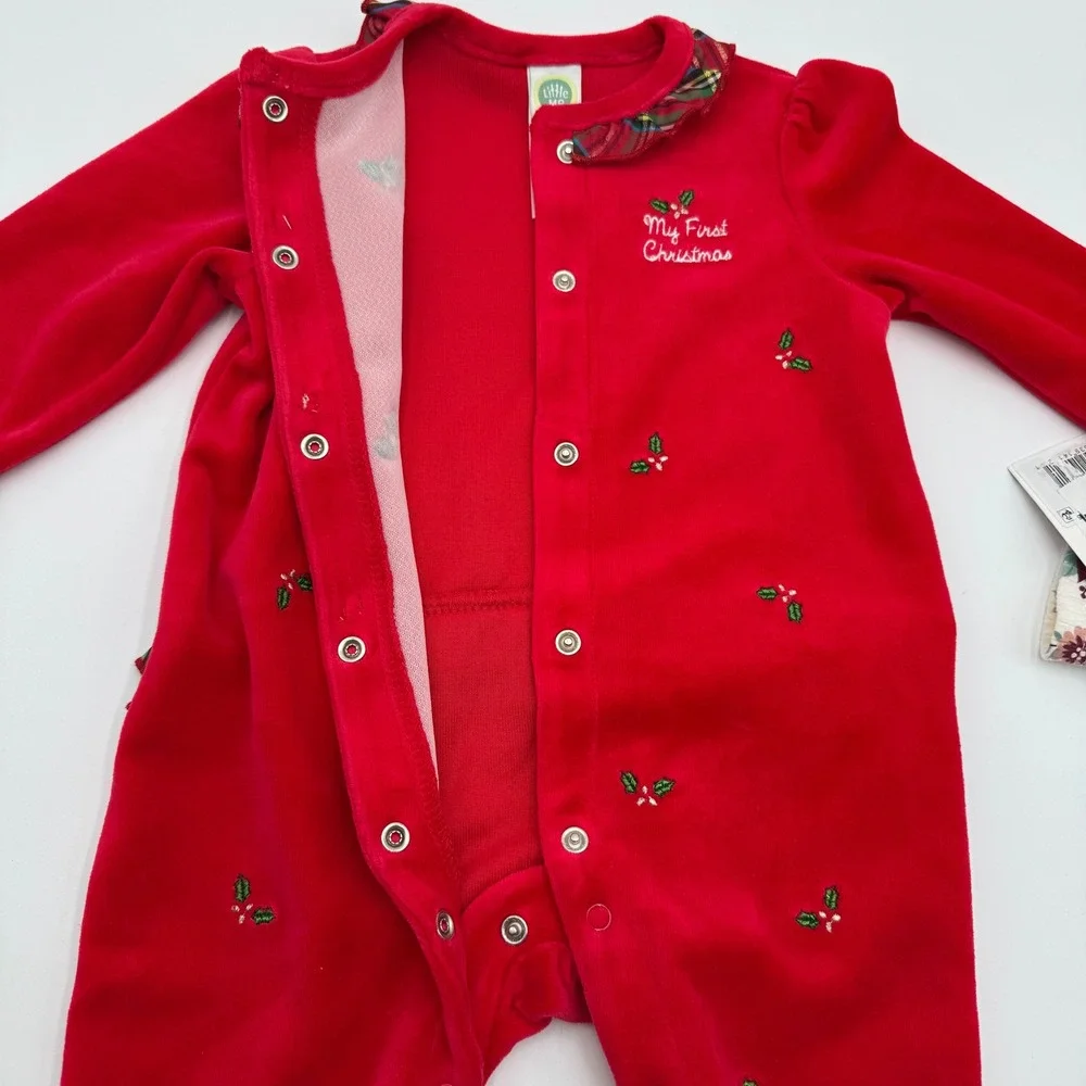 Little Me PL Baby Girls‎ 9M Red Velour Christmas Footie and Bodysuit 2 Pc Bundle